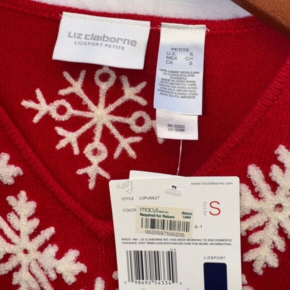 Vintage Liz Claiborne Red White Snowflake V-Neck 100% Lambswool Sweater Size SP - Picture 3 of 6